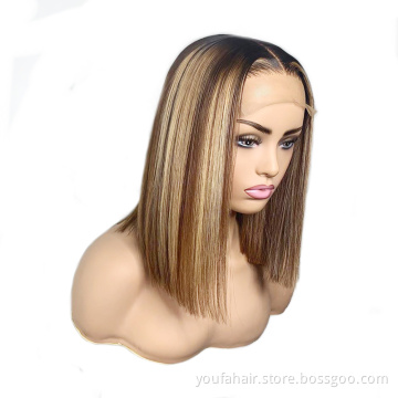 Short Bob Highlight Ombre 4/27 Color 4*4 HD Lace Front Wig Piano Color Human Hair Wigs Brazilian Remy Hair Pre-Plucked Bob Wigs
